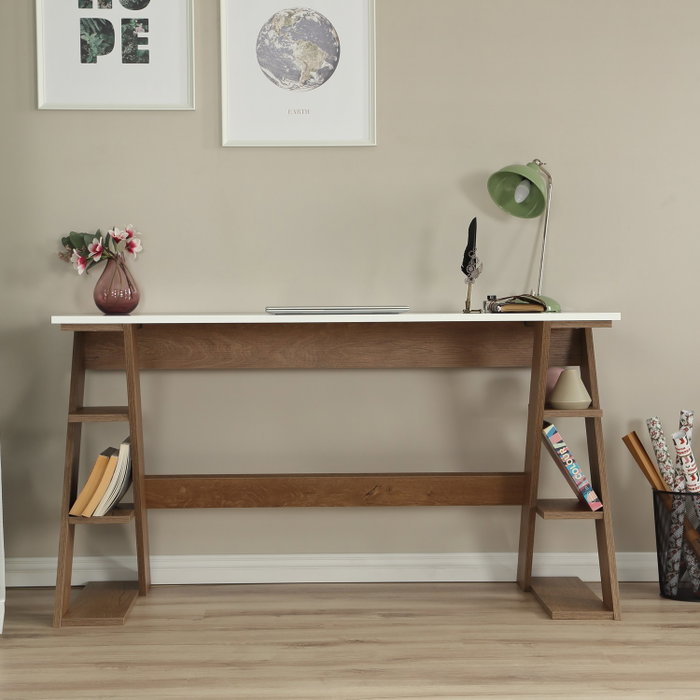 Hanah Home Lungo Escritorio de Estudio Roble Oscuro y Blanco